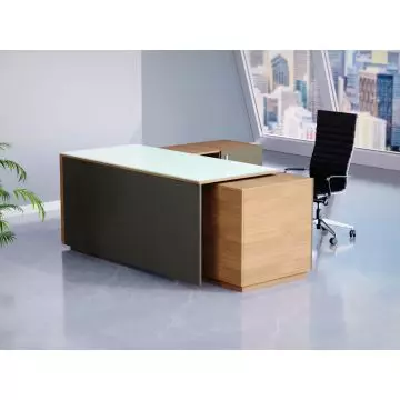 Walnut and grey L shaped executive desk with frosted glass top