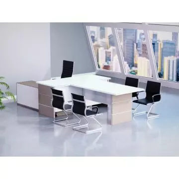 L shaped glass executive desk with side return cabinet in light concrete and white