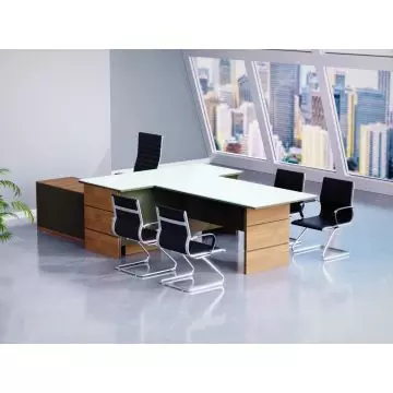 L shaped glass executive desk with walnut legs and grey return in office setting