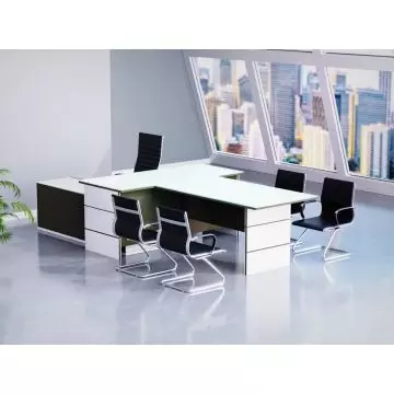 L shaped white and grey executive desk with glass top in office
