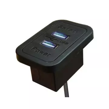 Mahmayi BS02-BLK black desktop USB charger with dual USB ports and blue LED indicators shown at angle