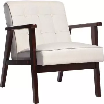Beige fabric armchair with dark wooden frame front angled view