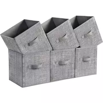 set of six grey fabric storage cubes stacked with three tilted