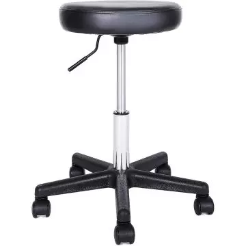 Black cushioned swivel stool with adjustable height  chrome base  and five caster wheels.
