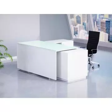 Mahmayi GED-3 premium white L-shaped glass executive desk 180cm styled in a modern office with black executive chair and city view