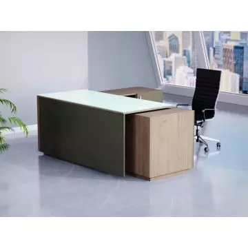 Mahmayi GED-3 L-shaped glass executive desk in Truffle Davos Oak and Grey finish styled in a modern office setting with black executive chair