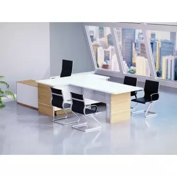 Mahmayi GED-5 320cm L-shaped glass executive desk with coco bolo and white finish styled in a modern office setting with black visitor chairs