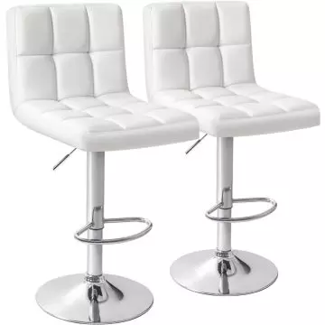 Mahmayi Ultimate C8541 white PU leather bar stools set of 2 with chrome base and footrest on white background