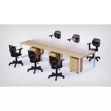Mahmayi 6 seater Loop workstation in Oak finish with polycarbonate dividers oak pedestal drawers and black mesh chairs angled view