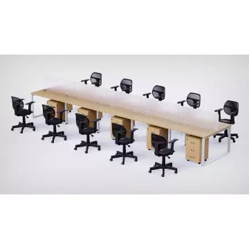 Mahmayi 10 seater Loop shared workstation in Oak finish with polycarbonate dividers oak pedestal drawers and black mesh chairs angled view