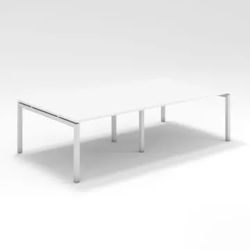 4 seater white open-plan office workstation with powder-coated steel U legs and no dividers angled view