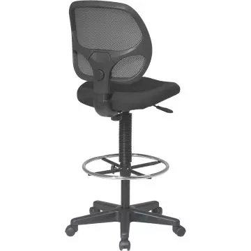 Mahmayi black mesh back drafting chair rear angle view showing chrome footrest ring and five-star caster base