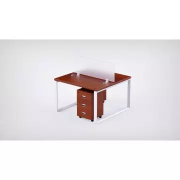 Mahmayi 2 seater Loop workstation apple cherry melamine worktop white loop frame polycarbonate divider and mobile drawer pedestal angled view