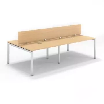 4 seater oak shared office workstation with wood dividers silver U-frame legs and cable ports front angle view