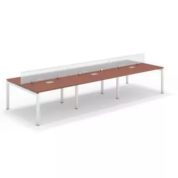 6 seater shared office workstation in apple cherry finish with polycarbonate dividers and white steel legs angled view
