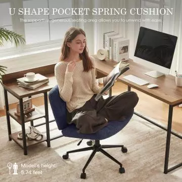 Dowinx Swivel Accent Chair with Wheels, Upholstered Comfy Desk Chair with U-Shaped Pocket Spring Cushion, Adjustable Height, 360-Degree Rotating Lounge Chair for Bedroom, Living Room, Home and Office, Blue