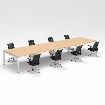 8 seater open plan oak workstation with white steel legs and black mesh chairs angled view