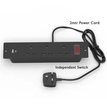 Black recessed desk power strip with 3 AC outlets USB-A USB-C ports red independent switch and 2-metre power cord with UK plug
