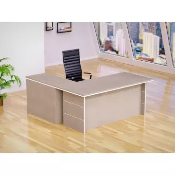 Mahmayi Light Concrete executive L-shaped desk styled in a modern office with black chair and city view