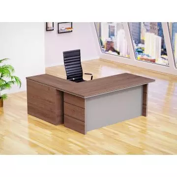 Mahmayi L-shaped executive desk in Truffle Davos Oak and Dust Grey finish styled in a modern office with black high-back chair