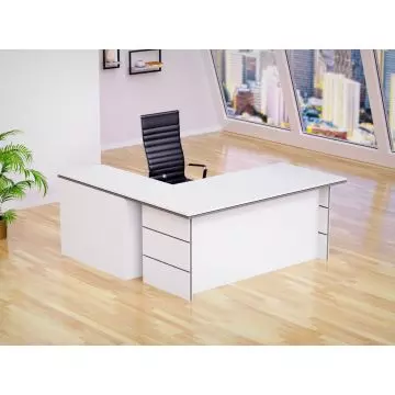 Mahmayi White Dust Grey L-shaped executive desk 180cm styled in modern office setting with black executive chair