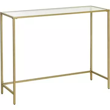 Golden metal console table with clear glass top