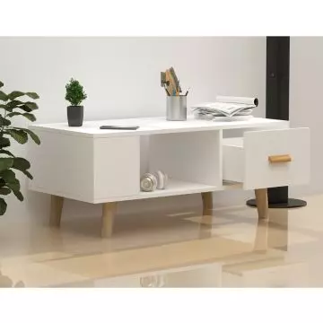 White wooden coffee table with open shelves  one drawer  and light brown legs  featuring a potted plant  stationery holder  and books.