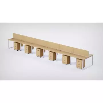 Mahmayi 12 seater Loop shared workstation in Oak finish with wood divider and mobile drawer pedestals angled view