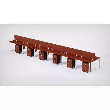 Mahmayi 12 seater Loop workstation Apple Cherry melamine worktop white loop legs wood dividers and mobile drawer pedestals angled view