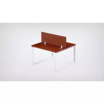 Mahmayi 2 seater Loop workstation apple cherry melamine worktop white closed rectangular loop steel frame with central wood divider front angle view
