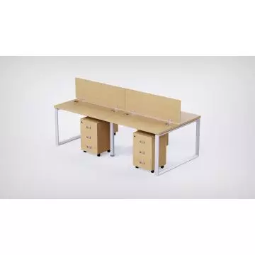 Mahmayi 4 Seater Loop Workstation Oak finish with wood divider and mobile drawer pedestals white loop frame angled view