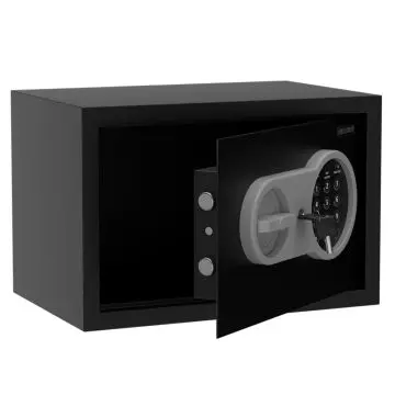 Mahmayi Seguri 20Ea black digital safe with door open showing keypad and steel locking bolts