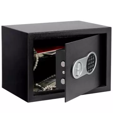 Seguri 25EA black digital safe open showing jewellery cash and documents inside with electronic keypad and turning knob on door