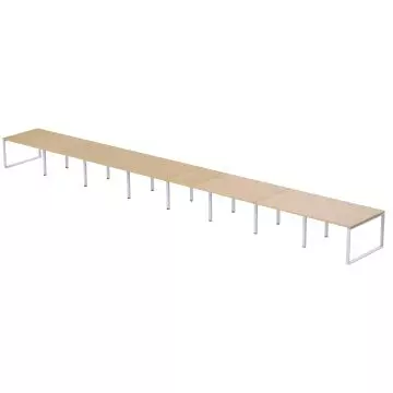 16-seater Loop shared office workstation in Oak melamine finish with silver powder-coated rectangular loop frame legs and no dividers