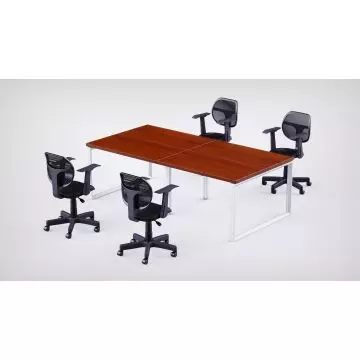 Mahmayi 4 Seater Loop Workstation Apple Cherry worktop white closed rectangular loop frame with 4 black mesh chairs angled view