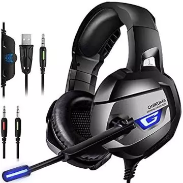 Black and silver Onikuma wired gaming headset with adjustable mic  padded ear cups  and various connector cables.