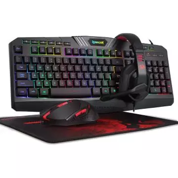 Black gaming keyboard with RGB backlighting  a matching black and red gaming mouse  headset  and mouse pad from Redragon.