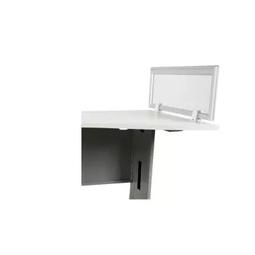 PolyCarb 75 aluminium desk divider panel mounted on corner of grey office workstation