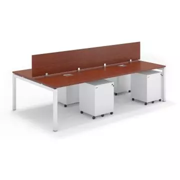 4 seater apple cherry open-plan office workstation with wood dividers white mobile pedestals and U-leg frame front angle view