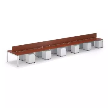 12 seater apple cherry open-plan office workstation with wood dividers white mobile drawer pedestals and white steel legs angled view