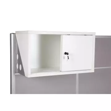 Carre 75 white hanging cabinet with sliding door open mounted on office partition panel