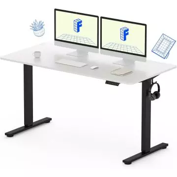 White adjustable standing desk with black legs  featuring dual monitors  a keyboard  mouse  cup  notebook  and headphones hanging on the side.
