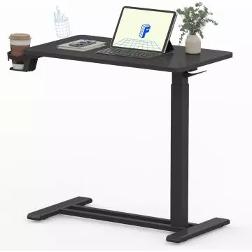Black mobile standing desk with cup holder and lever