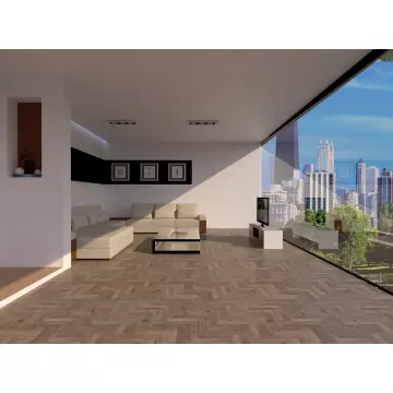 Modern living room with beige sectional sofa  glass coffee table  large floor-to-ceiling window offering a city skyline view  and herringbone wood flooring.