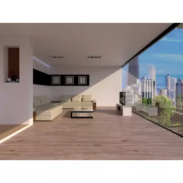 Modern living room with beige sectional sofa  glass coffee table  large windows offering city view  wooden floors  and wall-mounted TV.