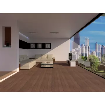 Modern living room with beige sectional sofa  glass-top coffee table  wall-mounted art  wooden floor  and large windows overlooking a cityscape.