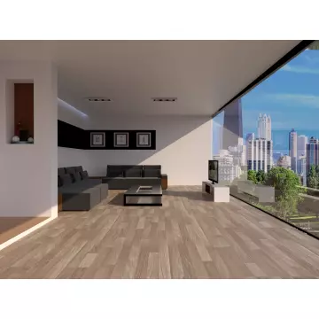 Modern living room with large gray sectional sofa  wooden flooring  and floor-to-ceiling window offering a city skyline view.