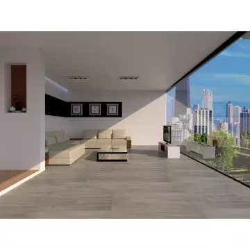 Modern living room with beige sectional sofa  glass coffee table  flat-screen TV  large floor-to-ceiling window with cityscape view.
