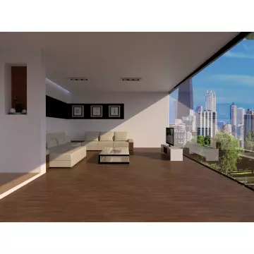 Modern living room with beige sectional sofa  glass coffee table  large wall-mounted TV  wooden floor  and floor-to-ceiling window with city view.