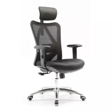 Black mesh ergonomic office chair with headrest front left angle